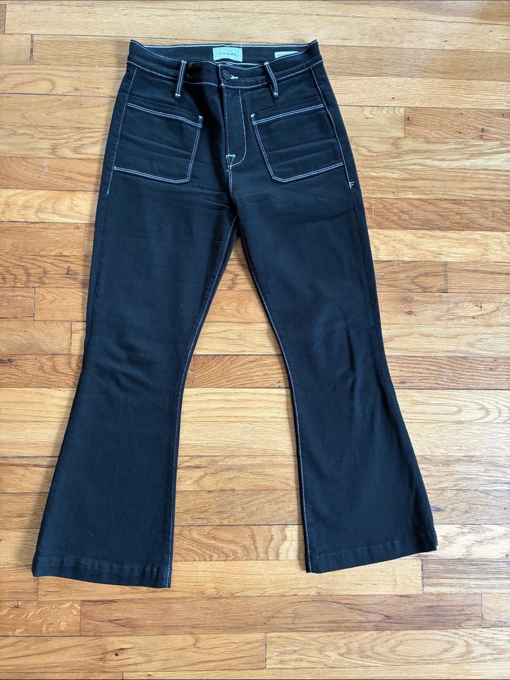 Frame Le Bardot Crop Flare Black Jeans 26 High Rise Stretch Contrast Stitching